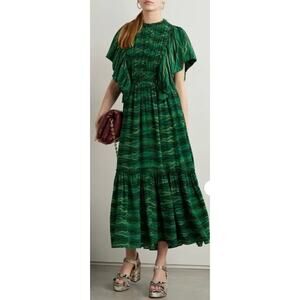 Ulla Johnson Ilaria Green Silk Midi Dress Flutter Sleeve Size 0.